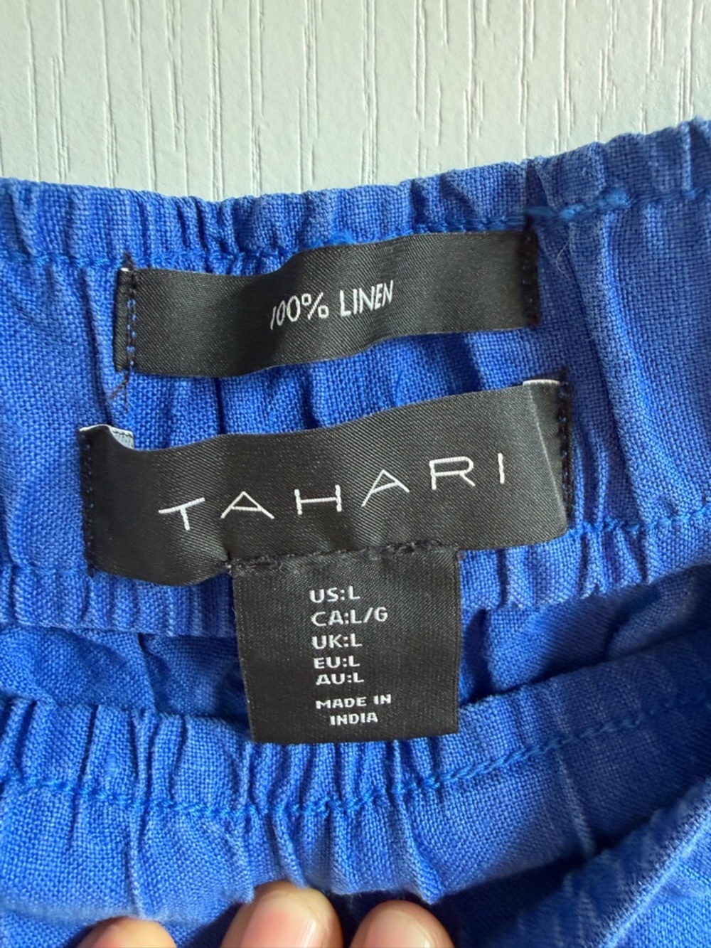 Tahari 100% Linen Blue Wide Leg Pants Size L Elastic Waist Lightweight Summer - Picture 6 of 7